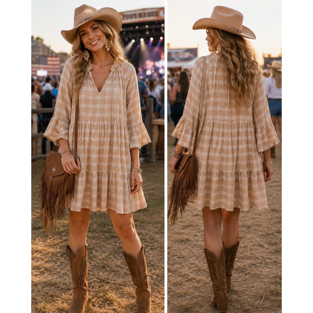 Show Me Your Mumu Dress Womens M Tan‎ Plaid Elan Mini Boho Tiered Bell Sleeve